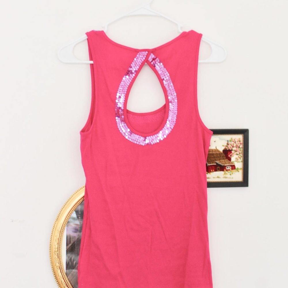 2000s Express Fuchsia Hot Pink Sequin Neckline Cutout Ribbed Vest Tank